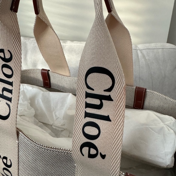 Chloe Cotton Calfskin Large Woody Ribbon Tote White Brown  Chloé Beige Canvas Tote with Brown Trim and Branded Straps